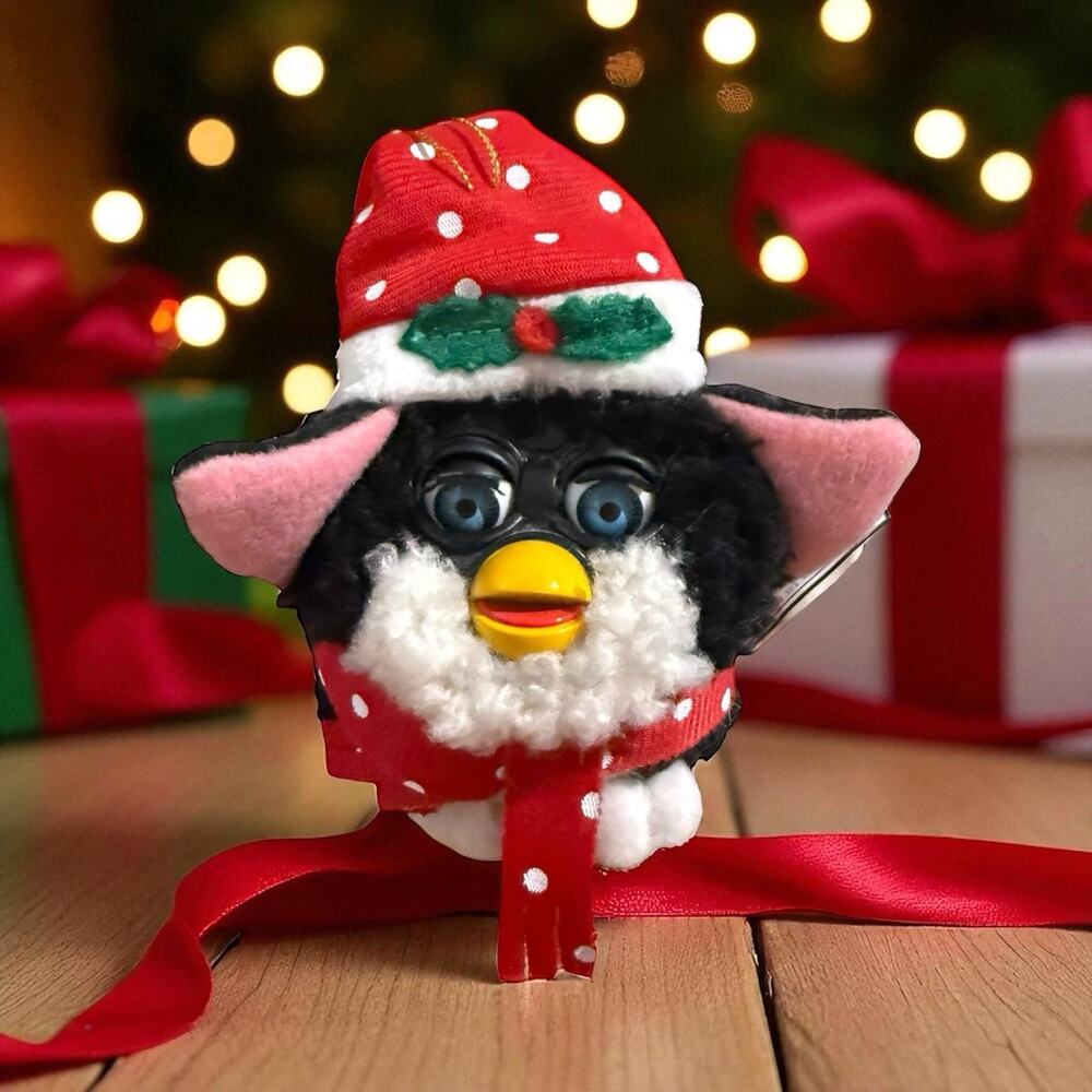 Vintage 1999 Furby Blue Eyes Christmas Ornament Black Santa Hat Xmas 4.5”